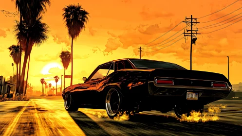 Muscle car accelerates through neon-tinted sunset boulevard scene