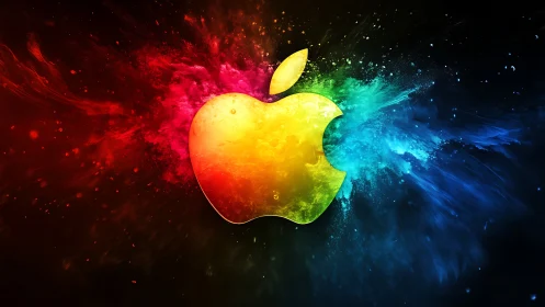 Chromatic apple emblem with radial nebula-like color dispersion