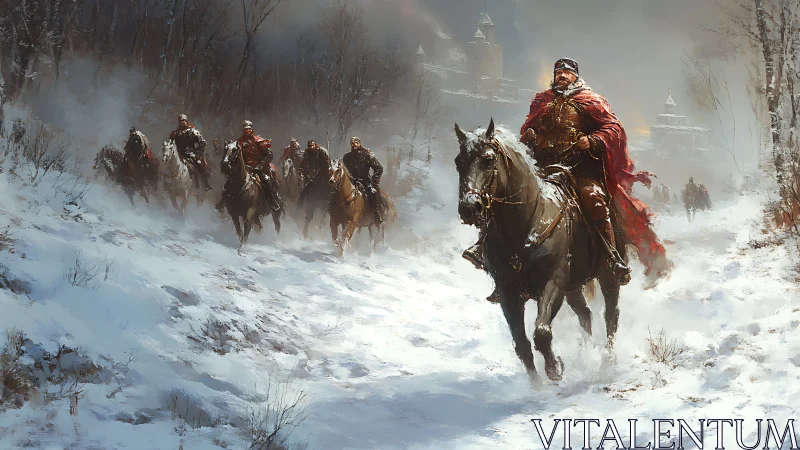 Armored horsemen ride through a snowy forest toward a castle