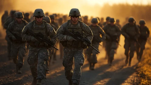 Soldiers conduct armed road march during dusty sunset field
