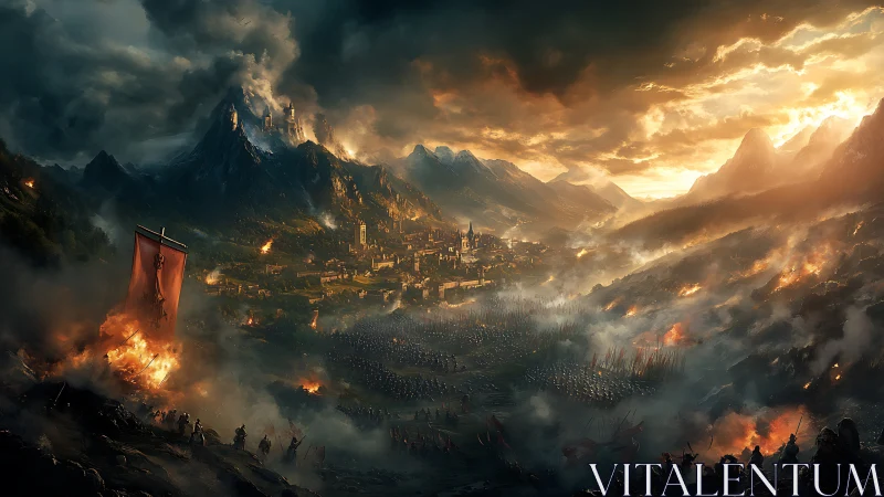 Stormlit siege over embered valley kingdoms at war.