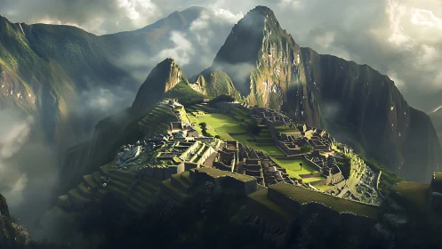 Sunlit mountain citadel welcomes morning light and mist