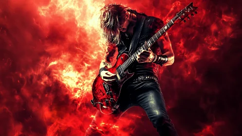 Electric guitarist plays against digitally rendered red flames