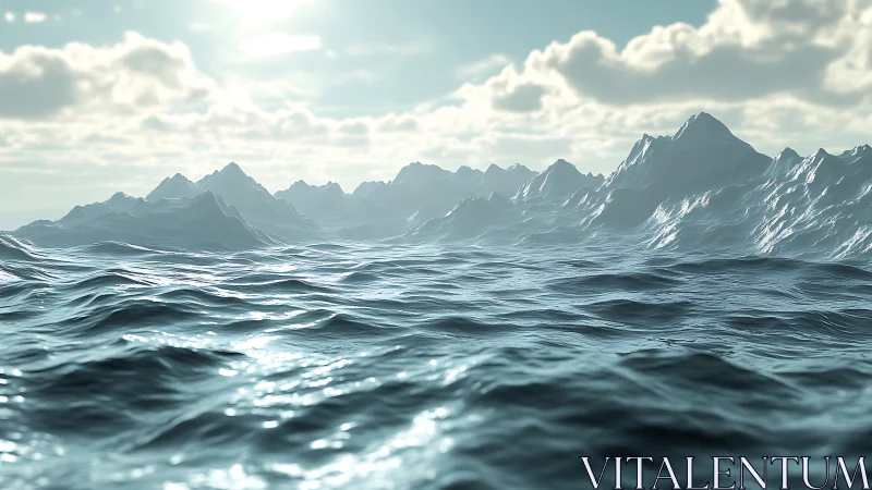 Ocean surface with distant icy mountains under clouded sky.