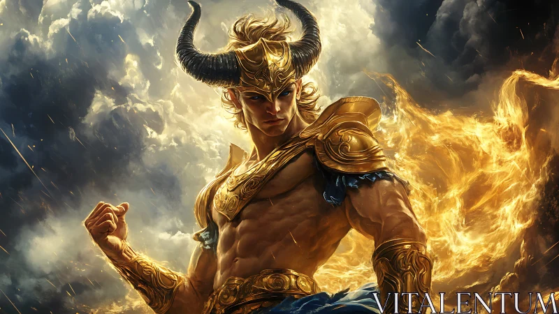 Horned fire warrior stands defiant in stormlit heavens