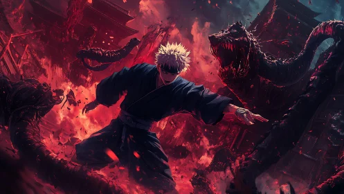 Fearless anime warrior stands strong amid crimson chaos.