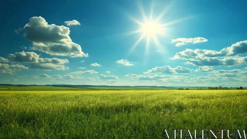 Photorealistic sunlit meadow with expansive clouded sky panorama.
