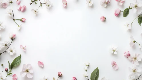 Pink and White Flowers on White Background Flat Lay