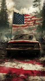Rusty pickup and tattered flag in a storm of memories.