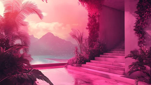 Dreamy pink seaside terrace invites calm steps and wonder