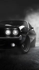 Black classic muscle car in low-key front-side view at night.