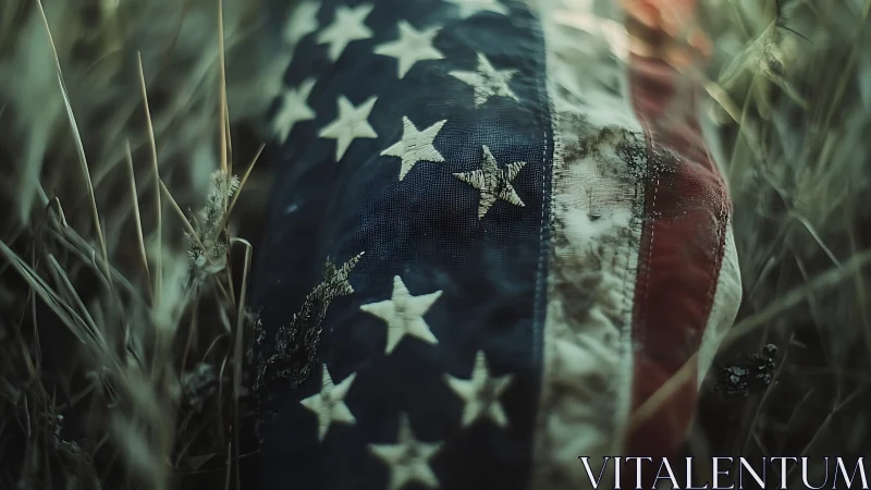 Weathered American flag resting in muted wild grass field.