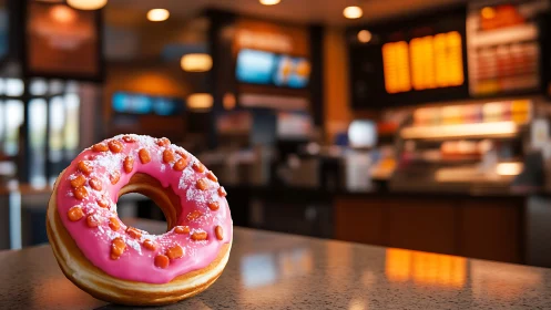 Pink frosted donut on counter in bright coffee shop.