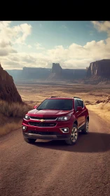 Crimson SUV wandering sunlit desert canyon roads together.