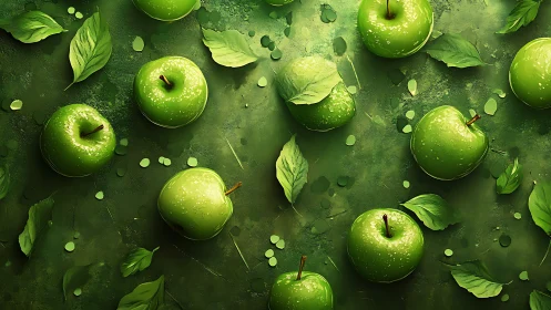Glossy green apples rest on a lush painterly backdrop