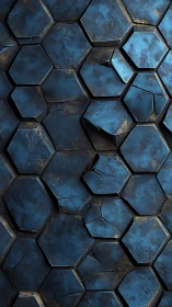 Weathered blue hexagonal tiles form fractured relief wall
