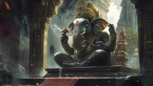 Majestic Ganesha deity seated in ornate mist-laden temple courtyard