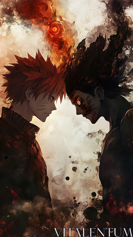 Dual anime silhouettes in fiery abstract confrontation portrait