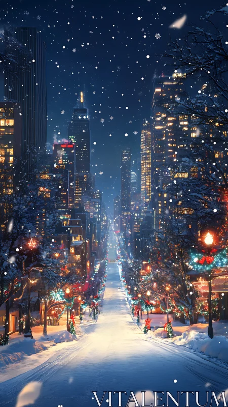 Snow covered city avenue extends toward illuminated skyline