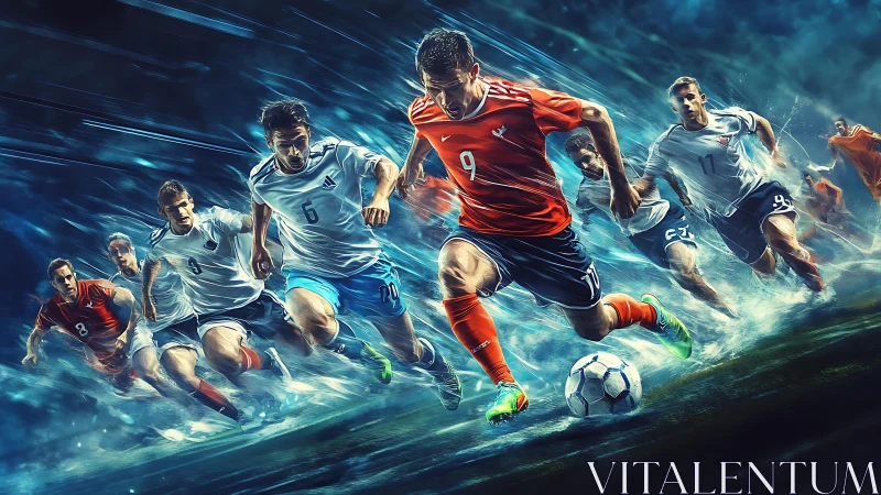 Charging soccer players race toward the ball in dramatic motion