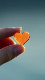 Hand holds translucent amber heart shape against clear sky