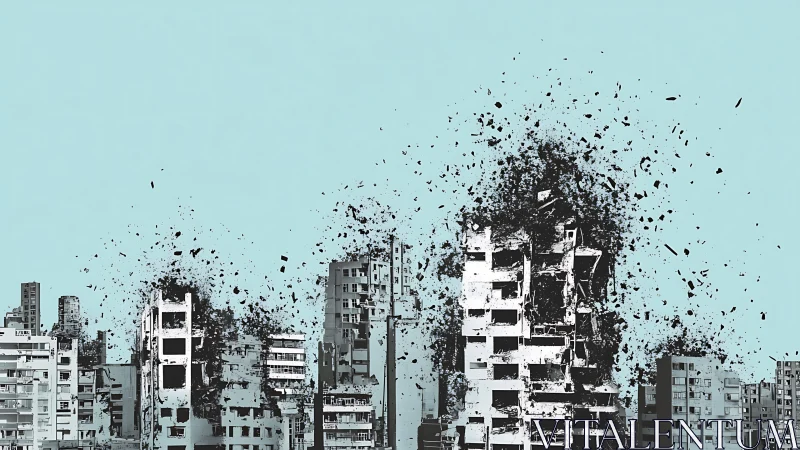 Urban high-rise disintegration rendered as particulate collapse.