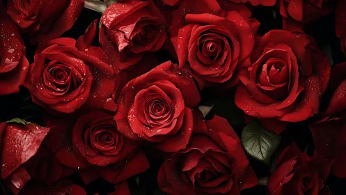 Deep Crimson Roses With Dewdrops Against Dark Background.