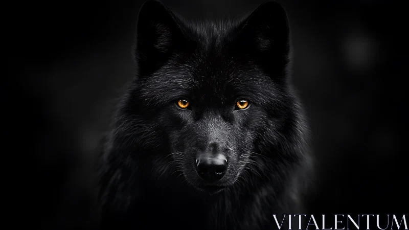 Black wolf portrait isolates amber eyes against deep void