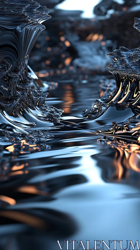 Liquid chrome waves under cool blue light with amber glow.