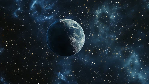 Quiet moon drifting through a star-splashed night sky.