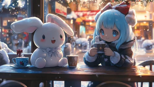 Snowlit café tableau with chibi girl, plush rabbit and layered bokeh