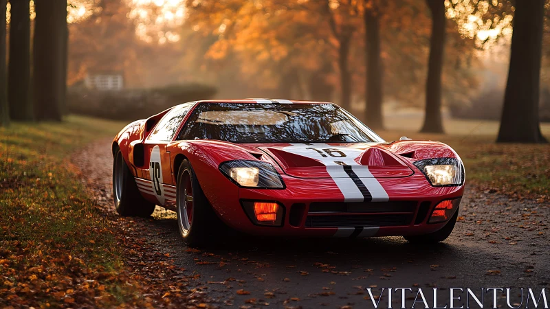 Vintage red racer hums softly through golden autumn haze