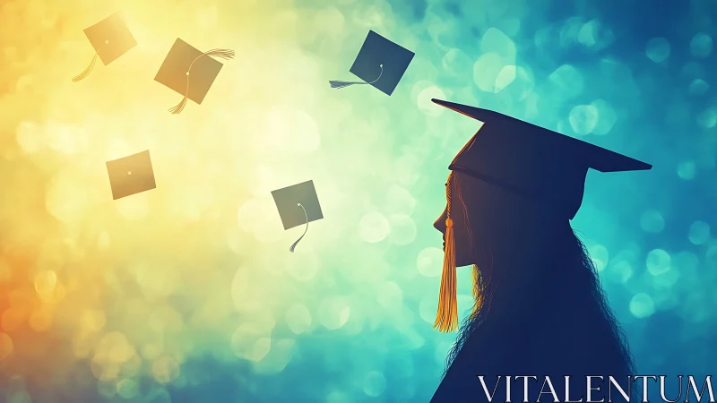Silhouetted graduate profile amid bokeh-tinted cap trajectories.