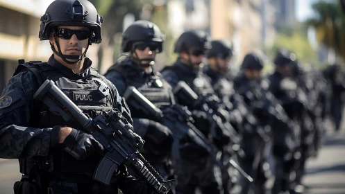 Police tactical officers stand in formation holding rifles