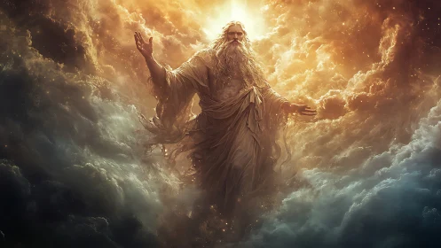 Radiant celestial deity emerging through volumetric storm clouds