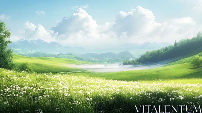 Green valley landscape with flowers, hills, lake and clouds.