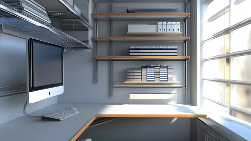 Minimalist home office workstation rendered in clean 3D visualization