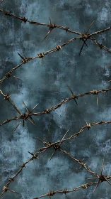 Rust-bitten barbed wire slashing across stormy teal haze.