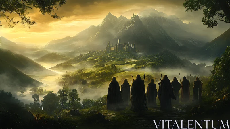 Hooded travelers approach misty valley castle at sunrise.