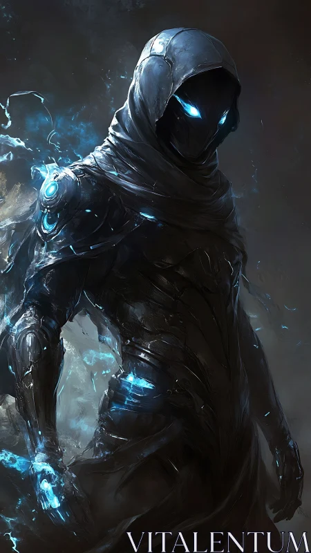 Hooded biomechanical figure with blue luminescent accents.