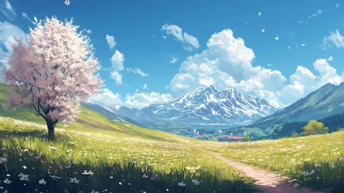 Peaceful spring meadow path beneath snow crowned mountains.