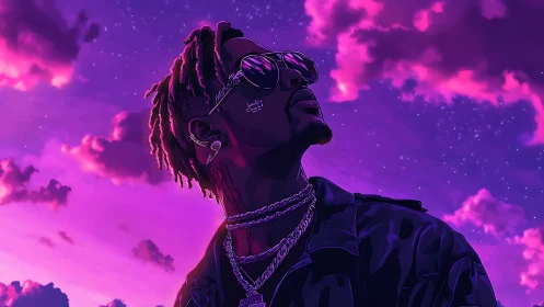 Neon-lit portrait beneath radiant magenta twilight sky.