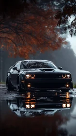 Low-angle wet-road capture of black muscle car with LED halos