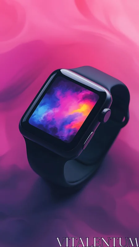 Smartwatch with vivid neon vapor display on magenta field.