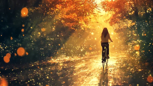 Cyclist traversing illuminated forest pathway at sunset