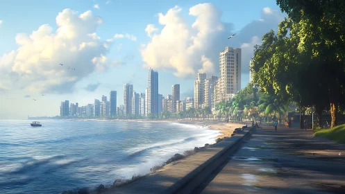 Coastal promenade with modern highrise skyline at sunrise.
