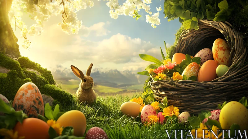 Rabbit sits beside wicker basket filled with Easter eggs