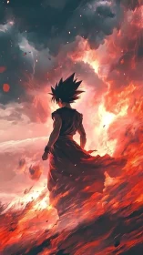 Figure stands before turbulent fiery clouds in stylized scene