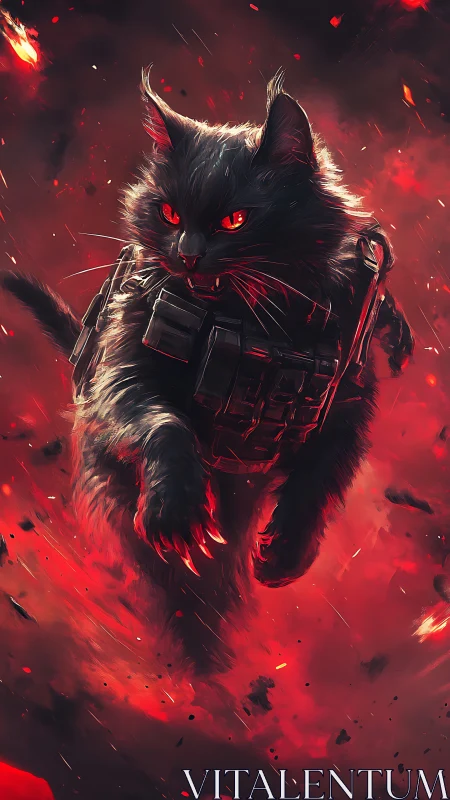 Armored black cat charges through blazing red inferno