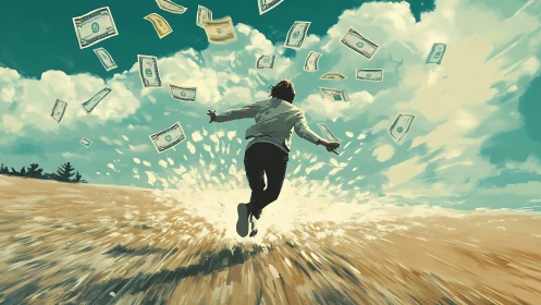 Figure sprinting through money storm on sunlit open field.